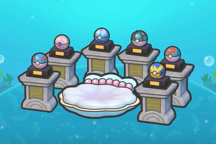 A mermaid-themed sofa surrounded by several types of rare Poké Balls on pedestals in Pokopia