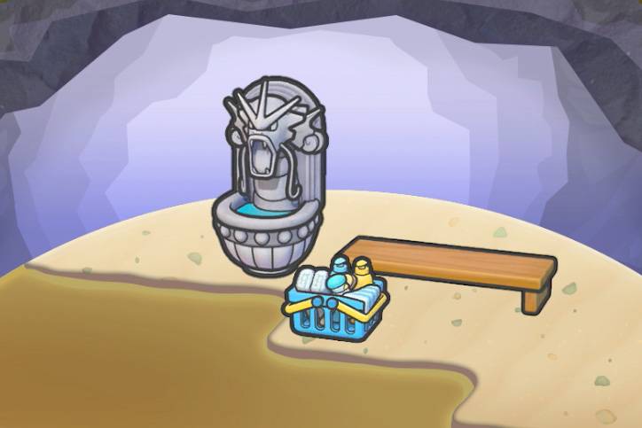 A fountain with a Gyarados on it next to a bench and bath supplies near some muddy water in Pokopia