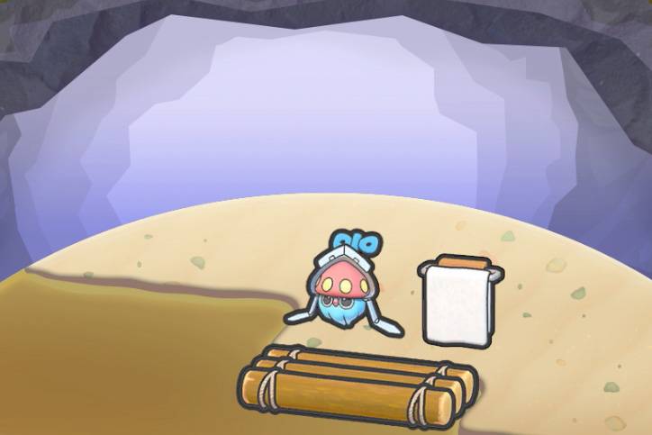 An Inkay toy next to a towel and some wooden planks in Pokopia