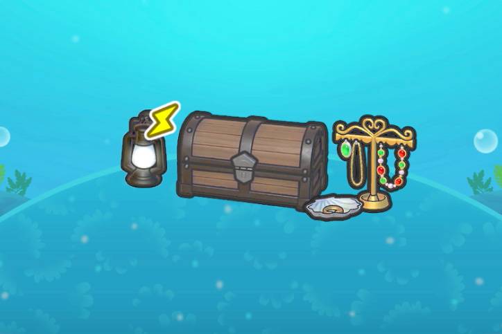 A treasure chest next to some jewelry and a lit lantern in Pokopia