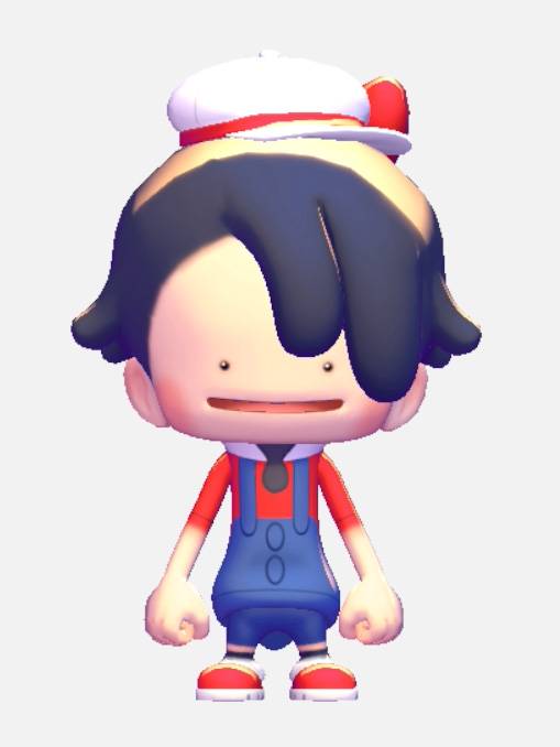 A Ditto in a red shirt with blue overalls in Pokopia