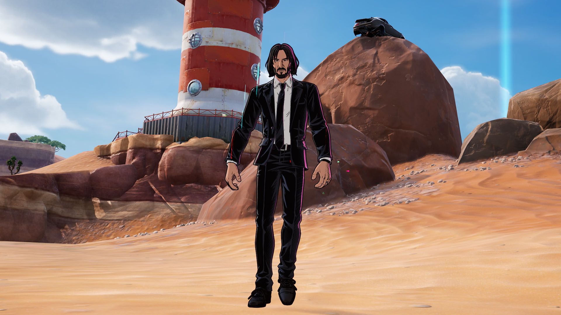 John Wick walking on a beach in Fortnite.