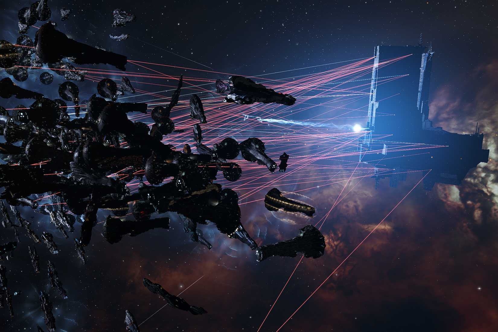 Lasers arc out from hundreds of ships, large and small, attacking a massive starbase which returns fire, in Eve Online