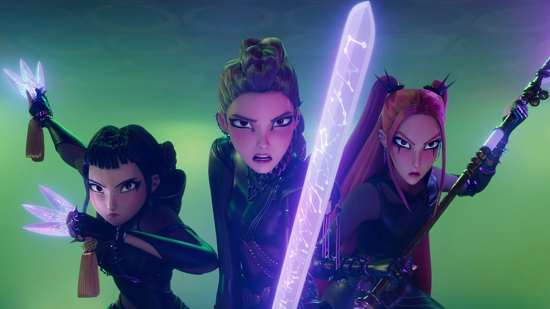 Zoey, Rumi, and Mira all face the camera, brandishing their weapons.
