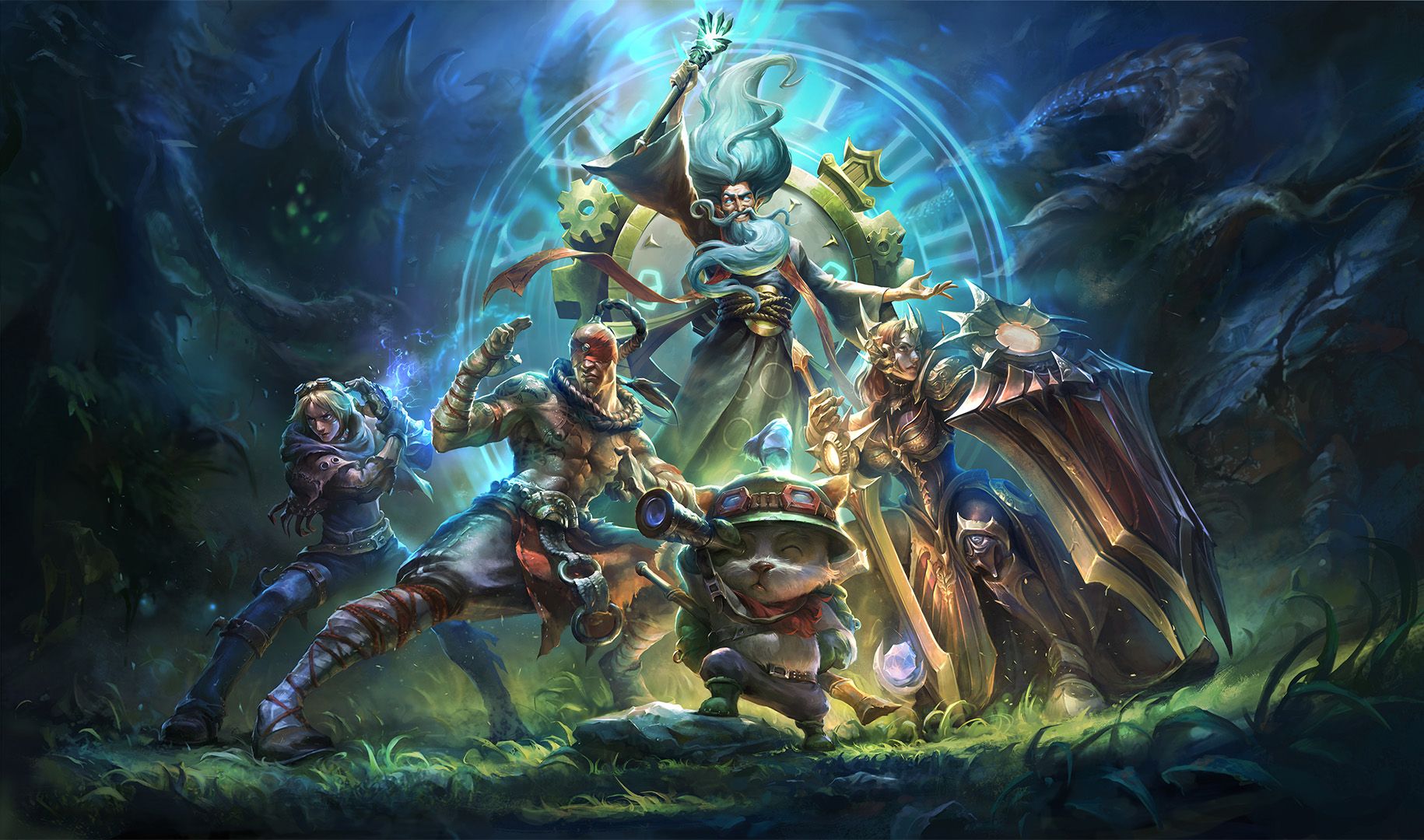 Zilean, Ezreal, Lee Sin, Teemo, and Leona from League of Legends standing in battle formation on a grassy field in front of shrouded enemies in the background.