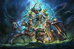 Zilean, Ezreal, Lee Sin, Teemo, and Leona from League of Legends standing in battle formation on a grassy field in front of shrouded enemies in the background.