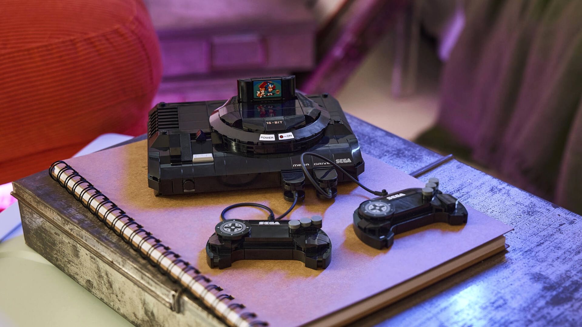 A lifestyle photo of the Lego Sega Genesis (Mega Drive)