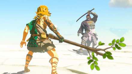 Link from Tears of the Kingdom, stares down mortal enemy Ganondorf while holding a stick.