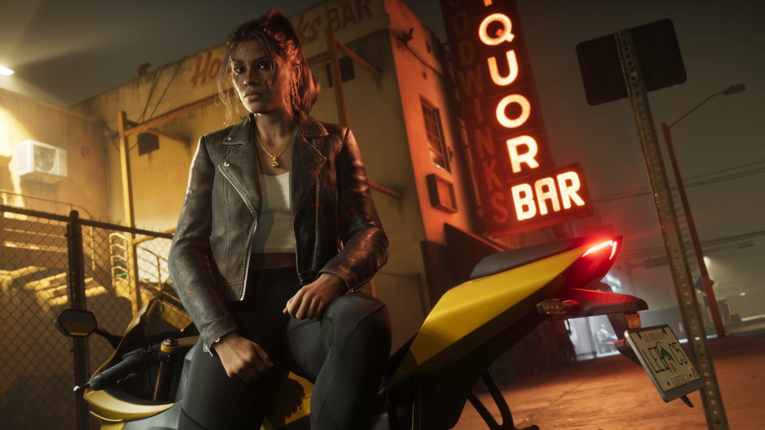 Lucia Caminos sites on a motorcycle outside of a bar in a still from Grand Theft Auto 6