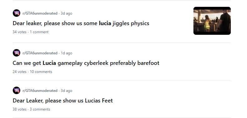 A small sample of the Reddit threads on r/gta6unmoderated that revolve around Lucia content.