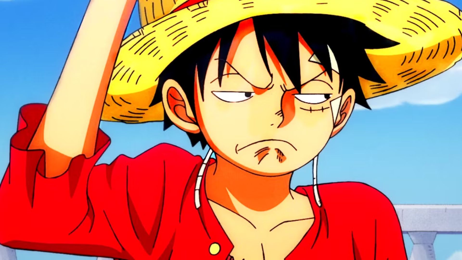 Still from One Piece of Luffy looking angry.