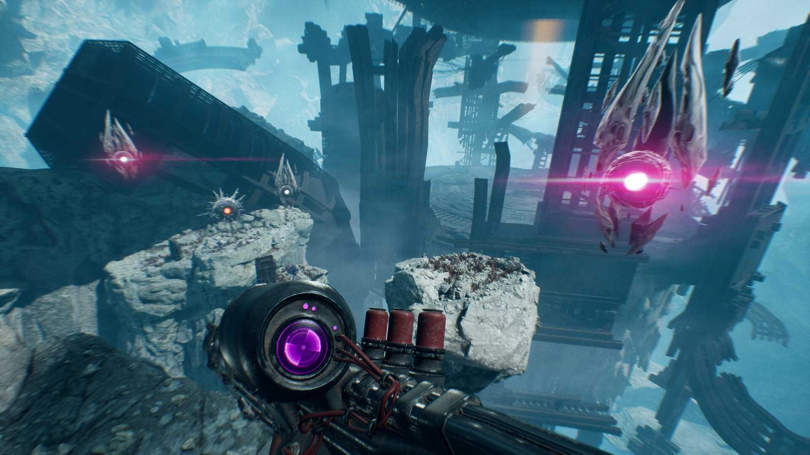 A character dodges enemy robots in Luna Abyss.