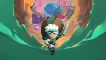 Moonlighter 2 The Endless Vault key art showing a kid running through green water with a sack of treasure on his back