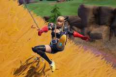 Magik from X-Men swinging around Fortnite with Spider-Man's web shooters.