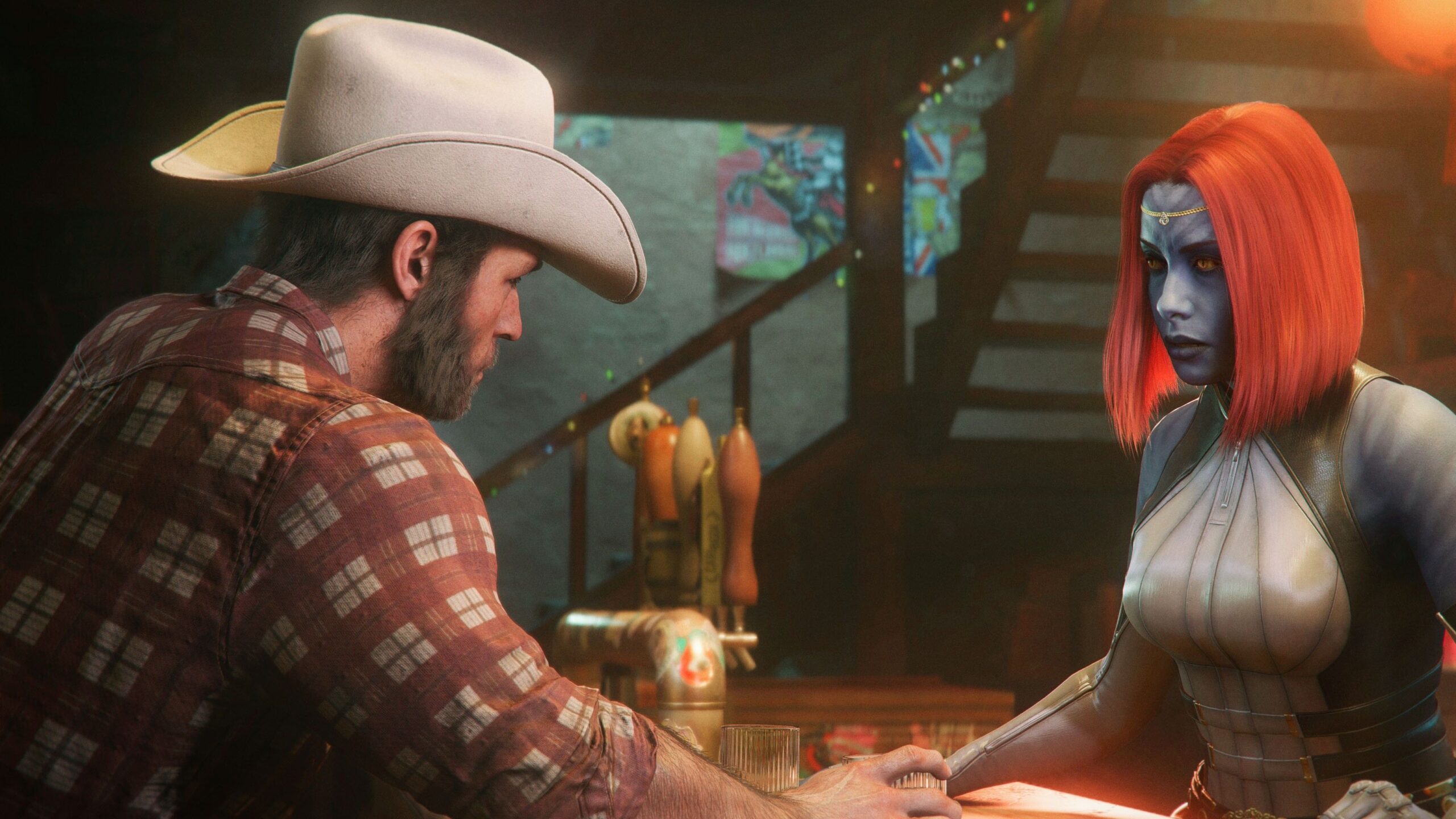 Wolverine leans over a bar in a cowboy hat, chatting to Mystique