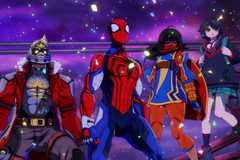 Marvel Tokon Amazing Guardians team lineup -- Spider-Man, Peni Parker, Ms. Marvel, and Star-Lord standing together looking wonderful