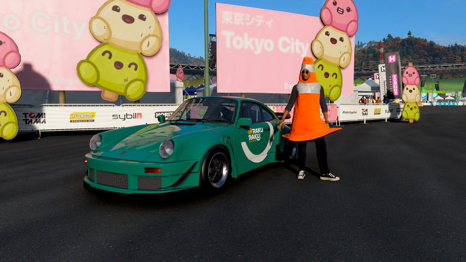 A person wearing a traffic cone costume standing beside a green Porsche in Forza Horizon 6.