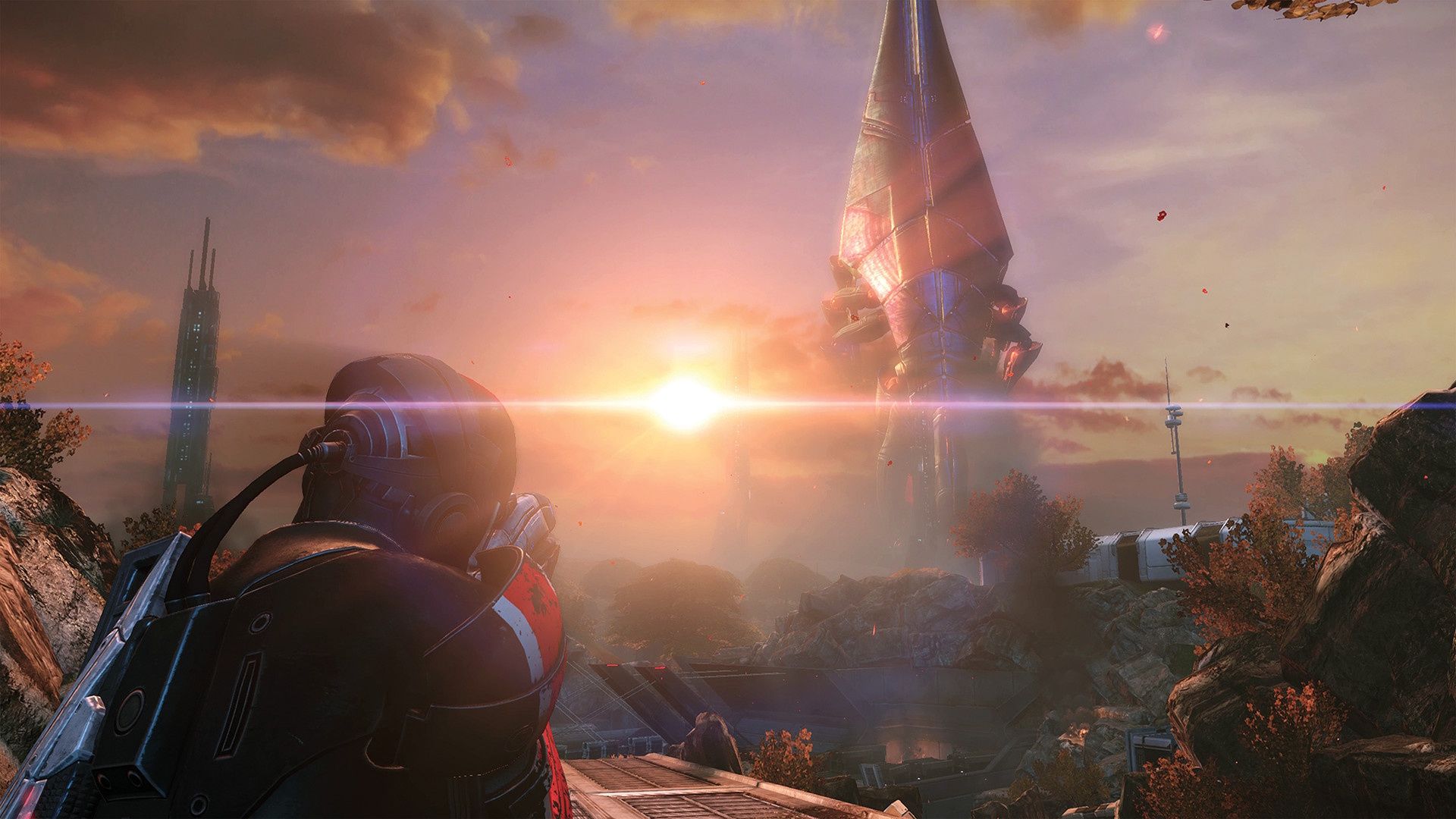 Shepard observing a Reaper in Mass Effect