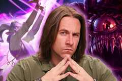 Matthew Mercer with his fingertips touching standing in front of an image of D&D andDaggerheart