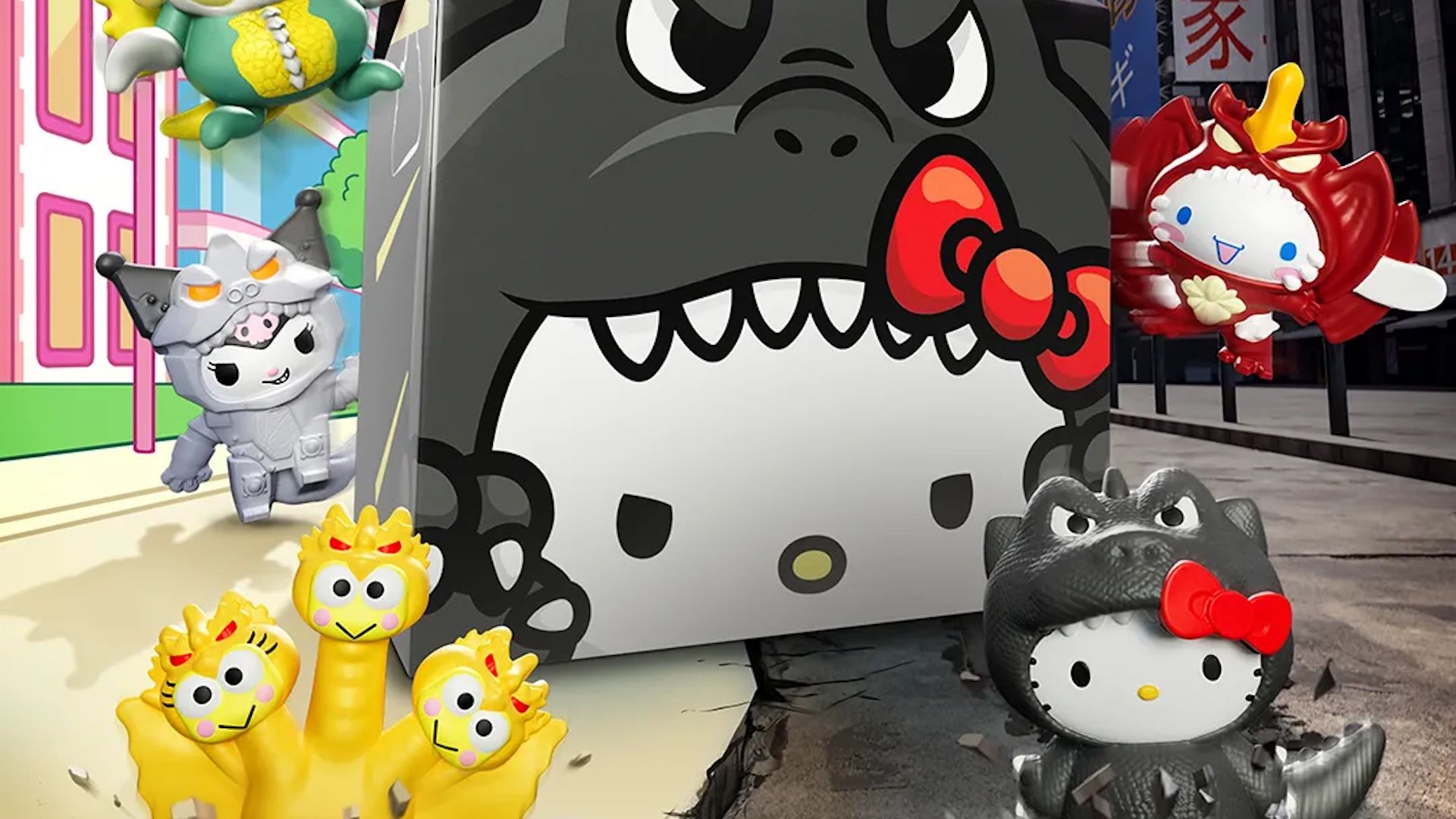 Artwork of the McDonald's Hello Kitty and Friends x Godzilla Happy Meal collab
