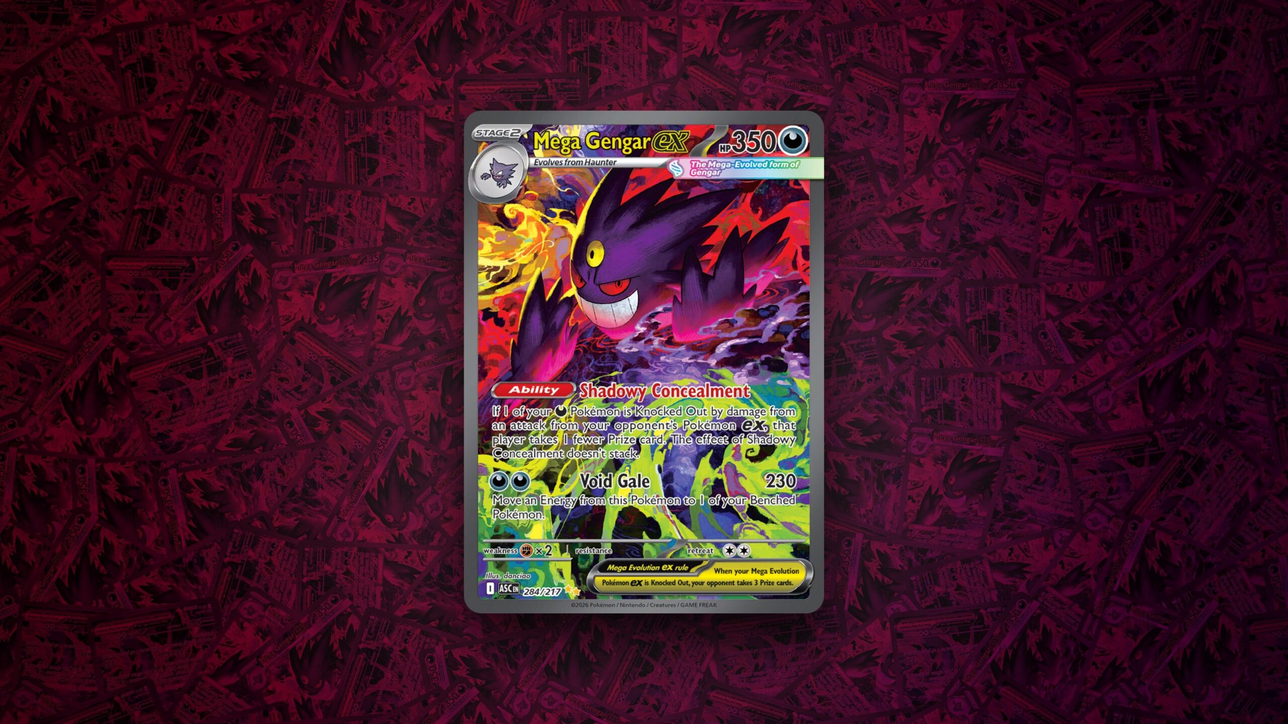 An image of the Mega Gengar Ex card from the Pokemon Ascended Heroes TCG set.