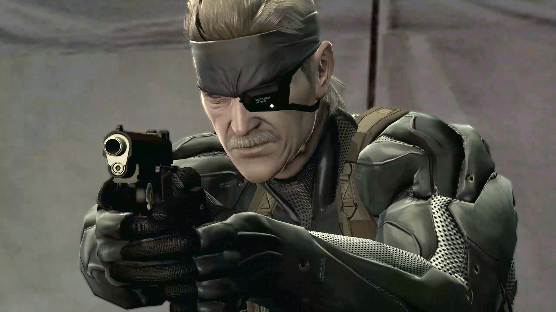 Solid Snake holds a gun in Metal Gear Solid 4: Guns of the Patriots.