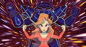 An artist draws Samus Aran in front of her suit.