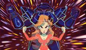 An artist draws Samus Aran in front of her suit.