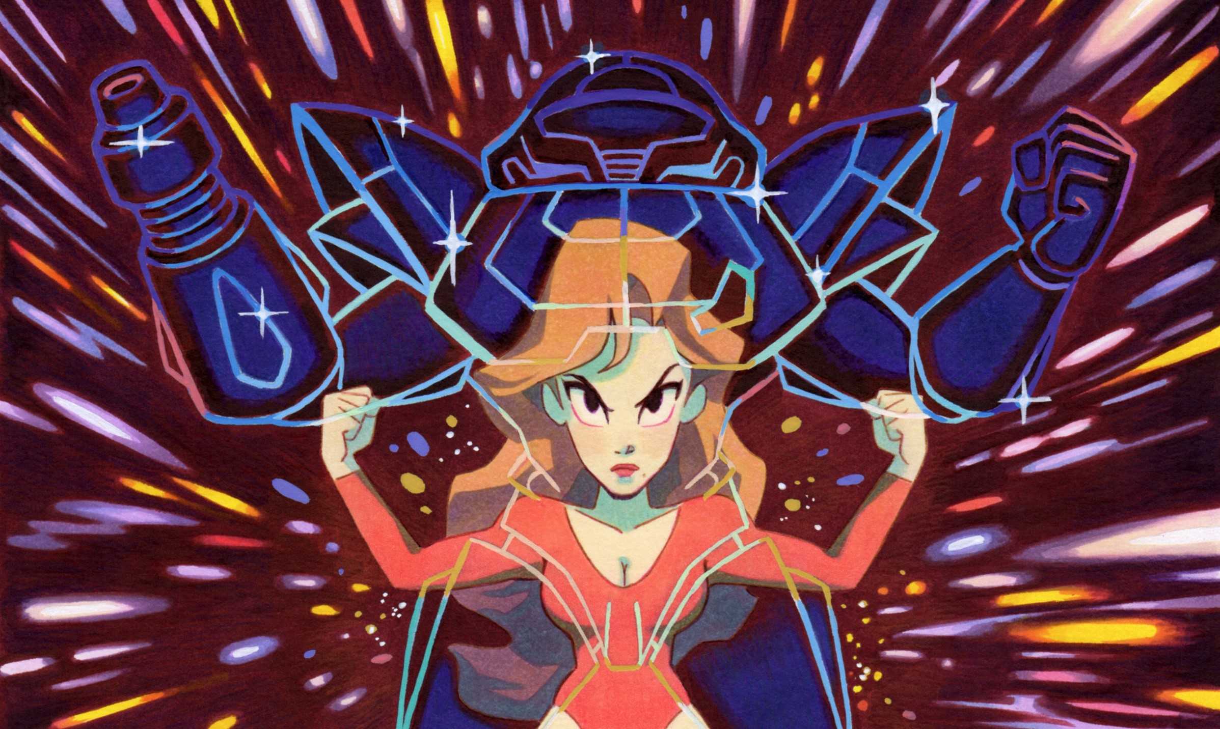 An artist draws Samus Aran in front of her suit.