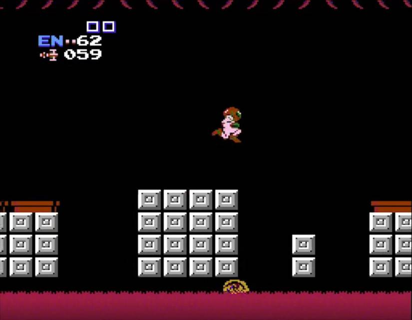 Samus Aran crouches while jumping between platforms over a lava flow.