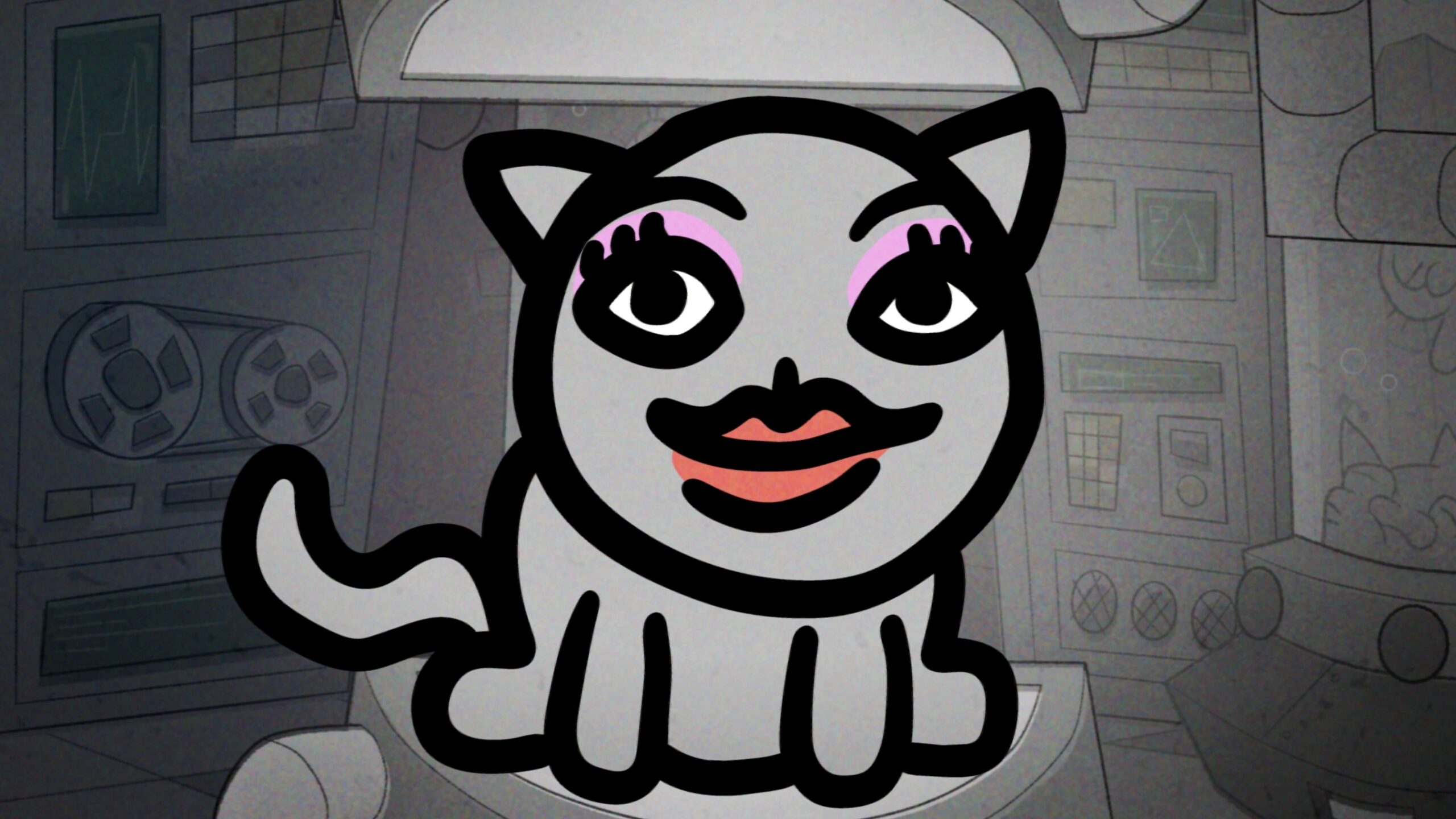 A cat wearing makeup in Mewgenics.
