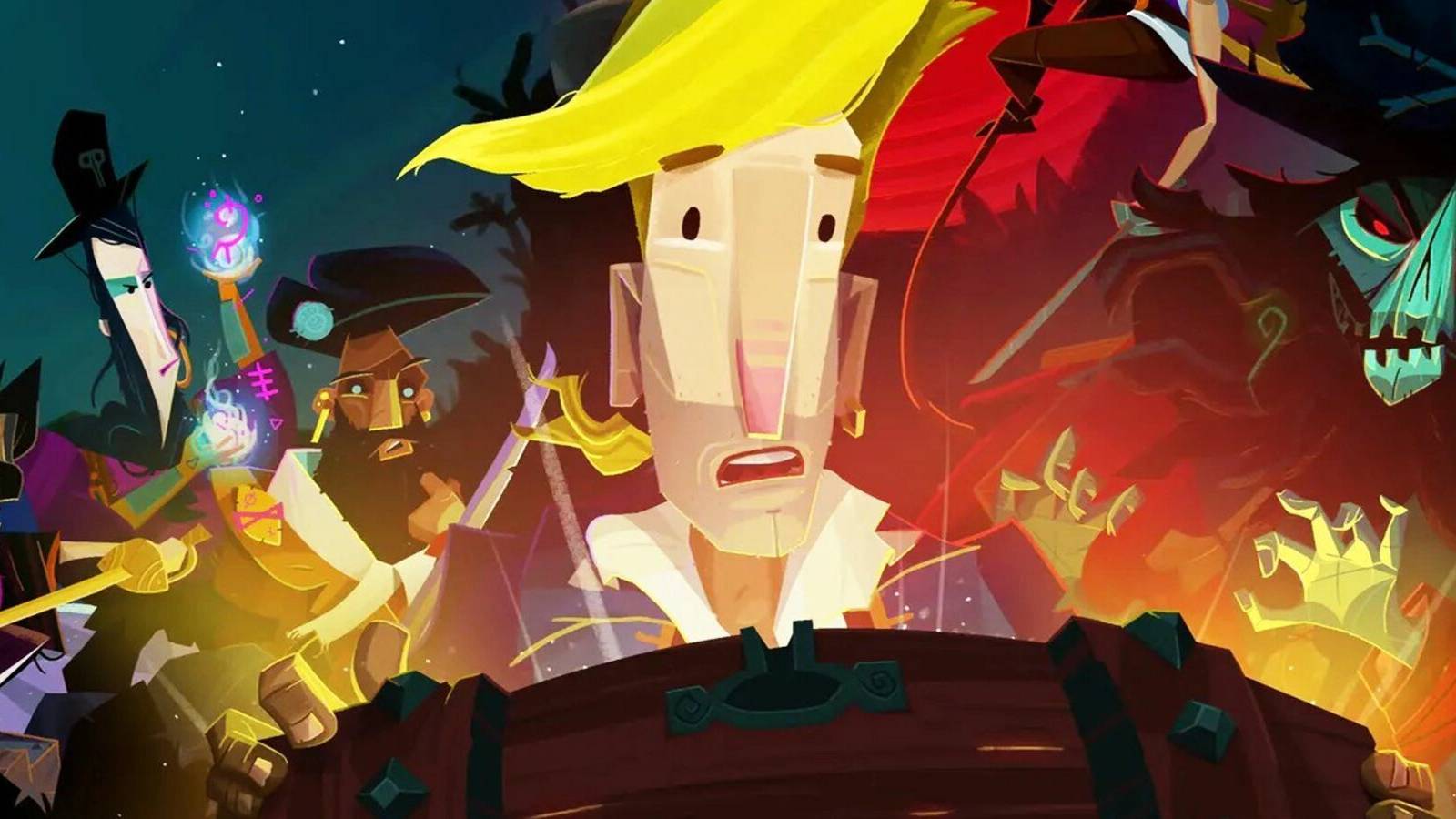 Guybrush and his cohorts look inside a treasure chest in Return to Monkey Island