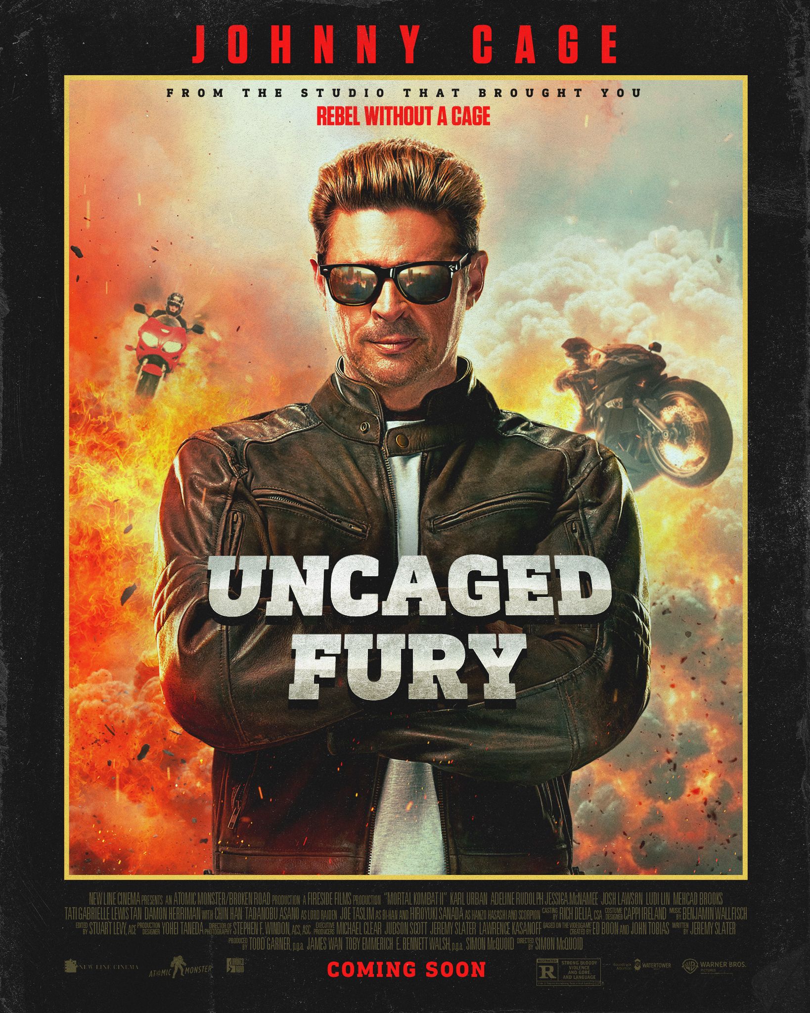 A man in sunglasses with his arms crossed standing in front of an explosion. Karl Urban as Johnny Cage in Mortal Kombat 2