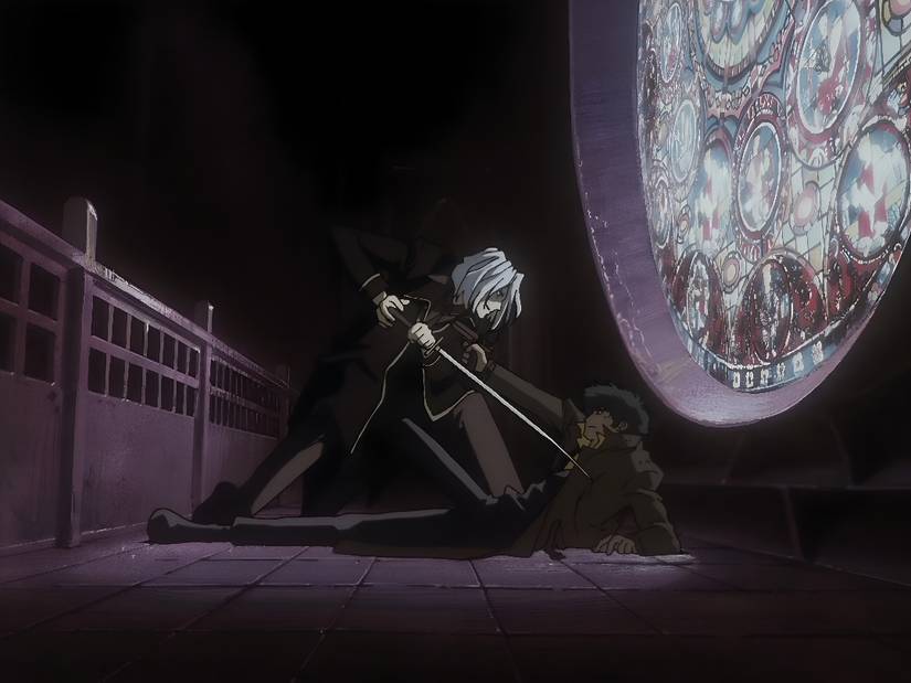 Vicious presses a katana against Spike while he points a gun at him in Cowboy Bebop