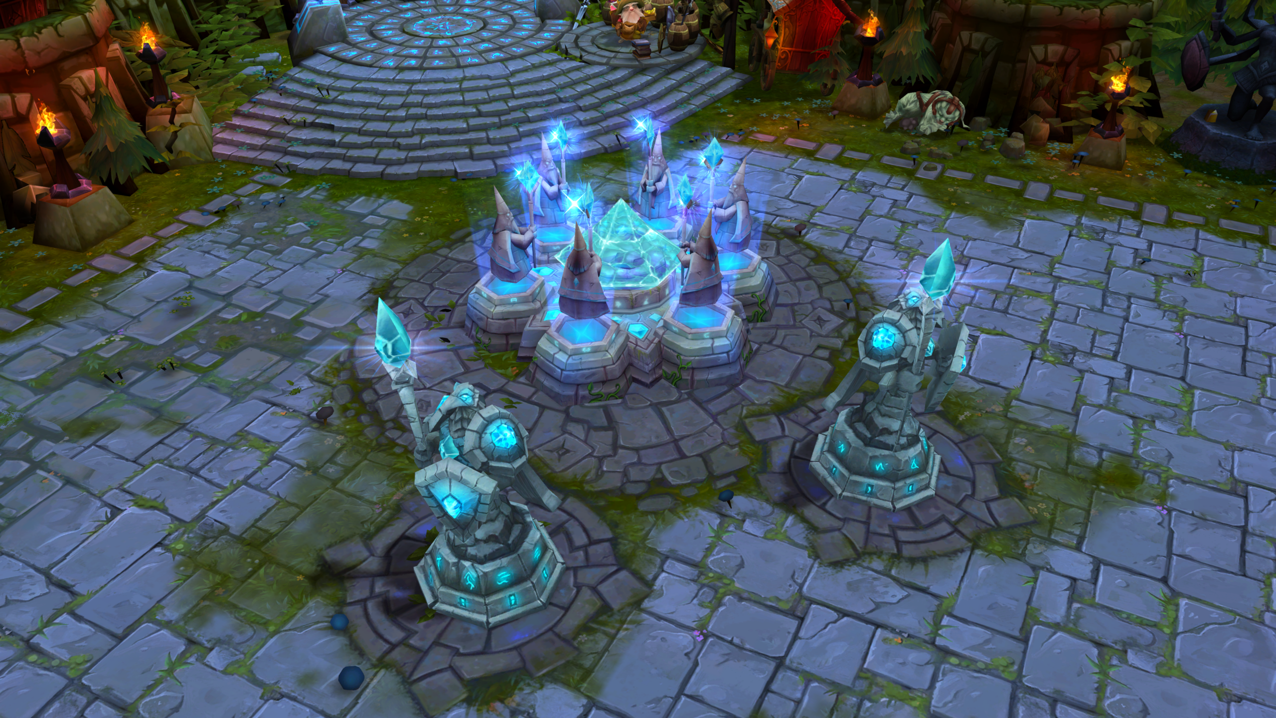 The blue nexus, a fountain with wizard statues, and two bird statues beside it in League of Legends Classic.