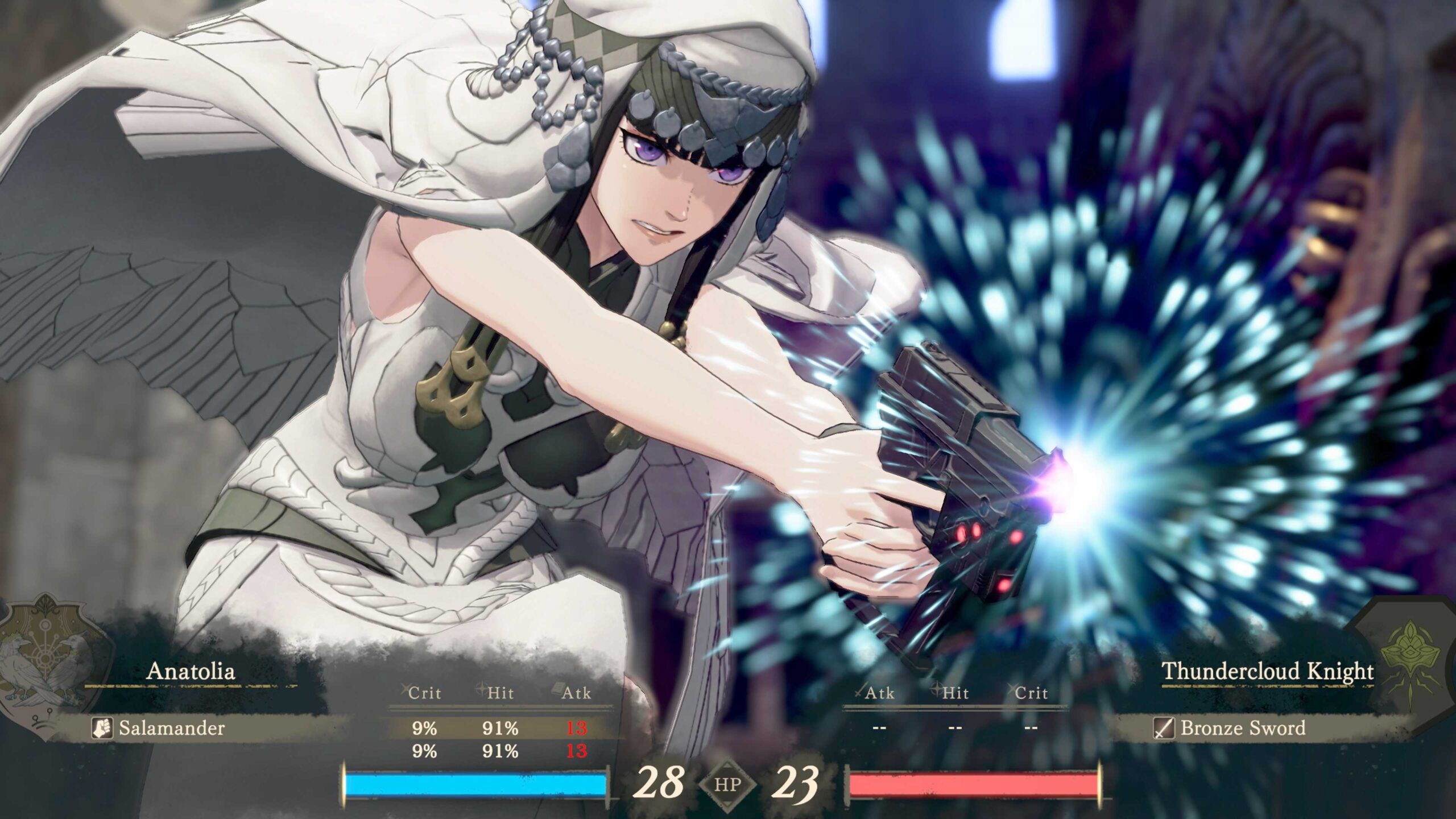 Anatolia fires a gun called the Salamander in a screenshot from Fire Emblem: Fortune's Weave