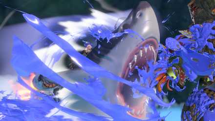 A chaotic Splatoon Raiders image with a giant shark head and loads of purple paint splashing everywhere