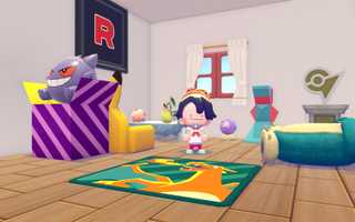 A triumphant Ditto poses in a room full of Pokémon-themed furniture in Pokopia