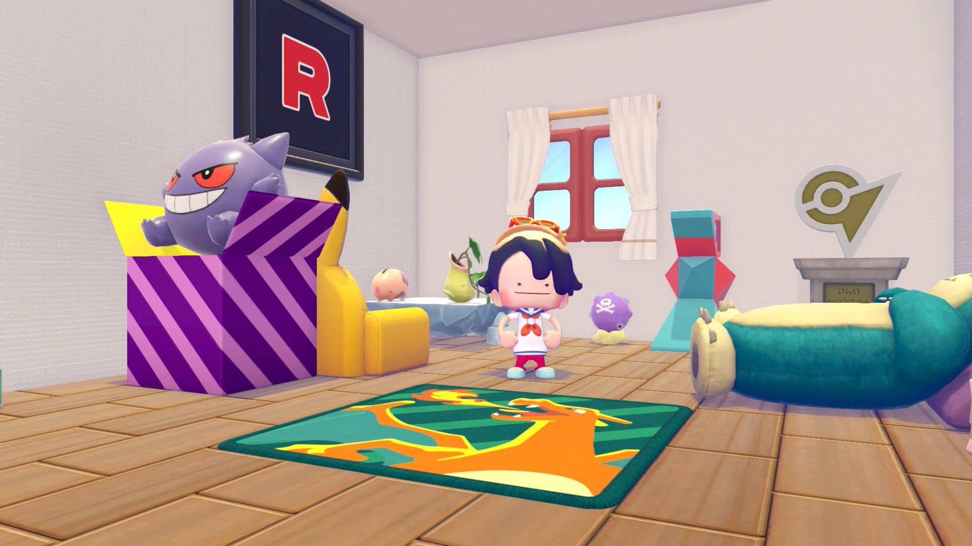 A triumphant Ditto poses in a room full of Pokémon-themed furniture in Pokopia