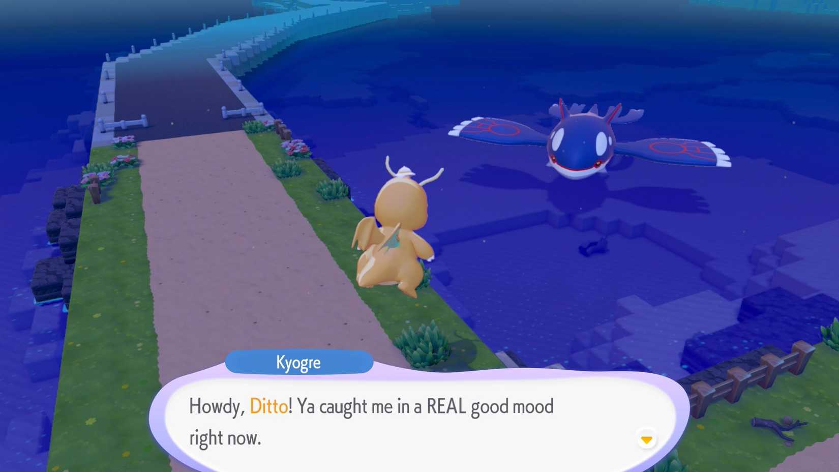 Kyogre talks to Ditto as a Dragonite flying near the water.