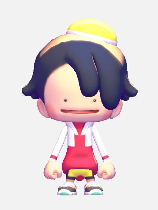 A Ditto in Pokopia dressed like Kris, in a white jacket and a red dress with yellow bike shorts.