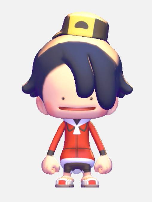 A Ditto in Pokopia dressed like Gold, in a red hoodie with a black and yellow hat.