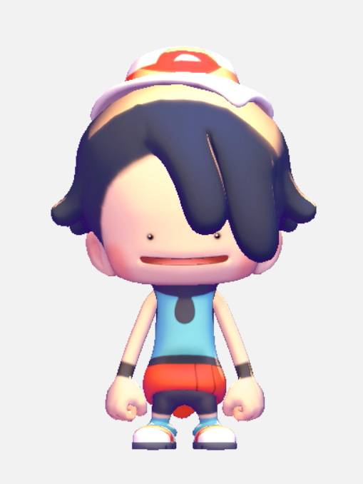 A Ditto in Pokopia dressed like Leaf from Pokémon FireRed/LeafGreen, in a blue tank top with a red skirt.