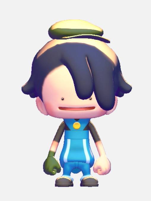 A Ditto in Pokopia dressed in a blue outfit with a green hat