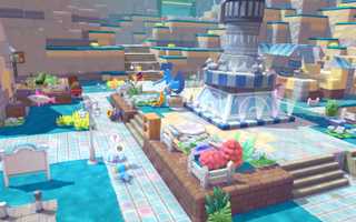 A part of the main area of Bubbly Basin in Pokopia, showing several Pokémon engage with each other around a center tower