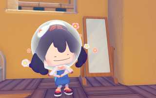 A disguised ditto with a bubble helmet standing in front of a mirror in Pokopia.