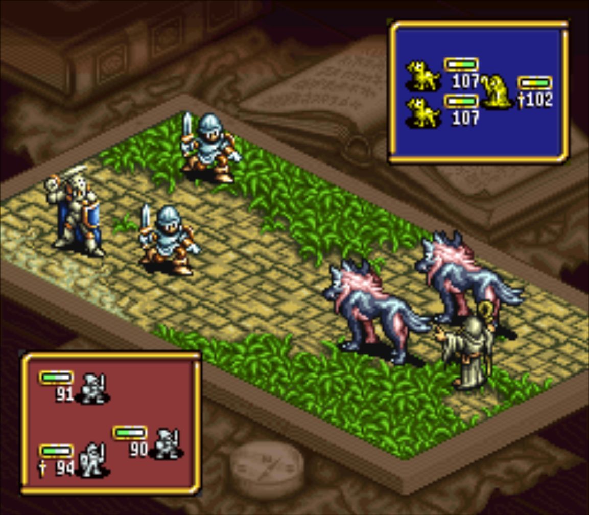 Depicts a combat scene in Ogre Battle, where a wizard and two hellhounds face off against enemy soldier units.