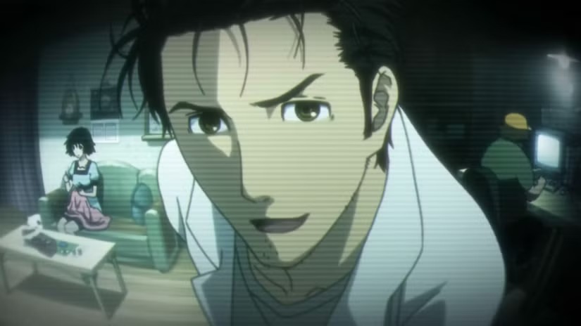 Okabe looks straight at the camera while his friends are in the background in Steins; Gate