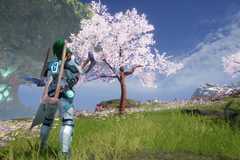 A Palworld screenshot showing a character looking at a cherry tree