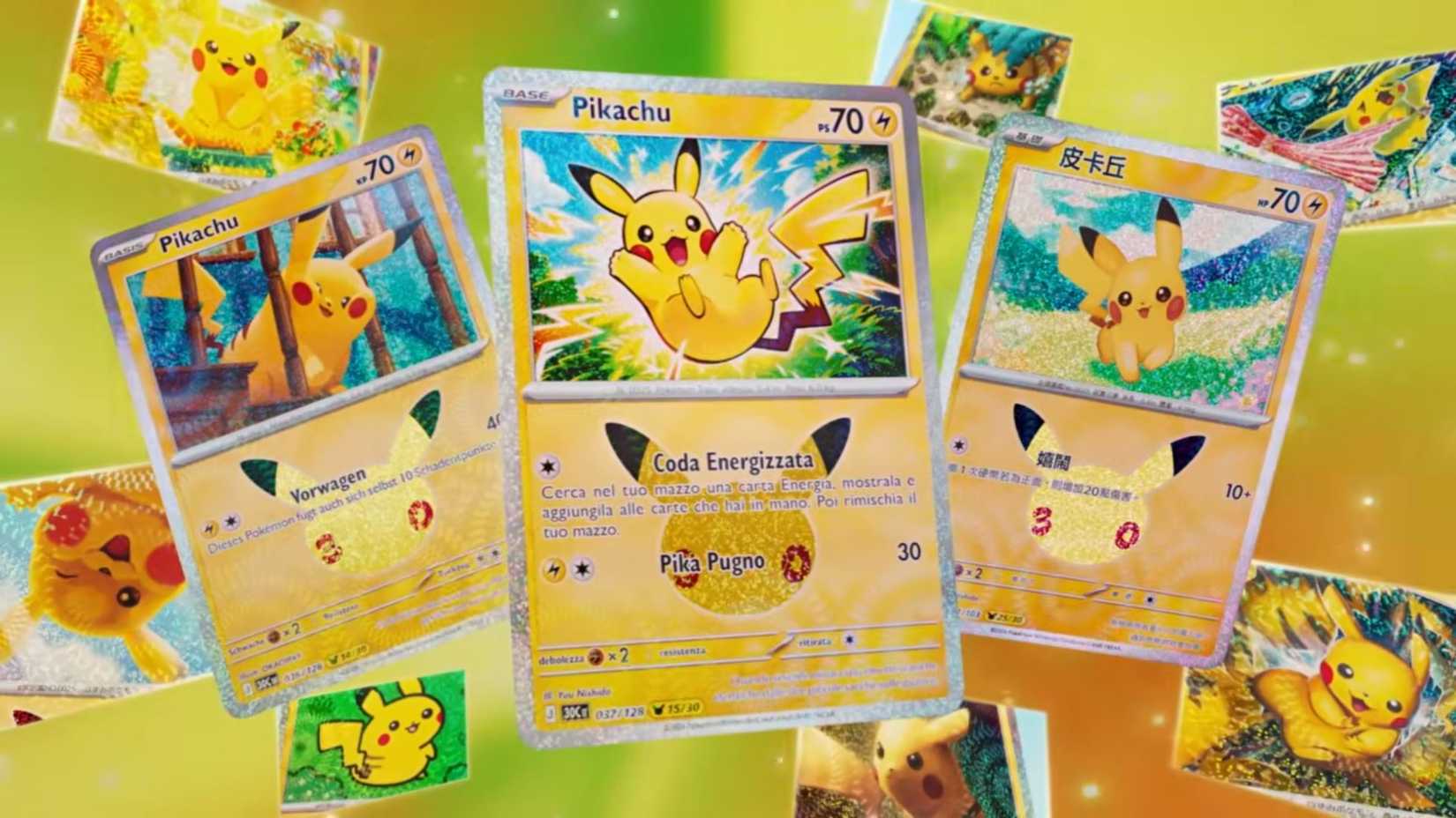 The Pikachu cards in the Pokemon Trading Card Game's 30th anniversary set, which features 30 Pikachu cards with different artists.